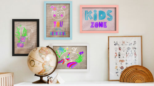 Kreidebilder gestalten - vier Bilder an der Wand